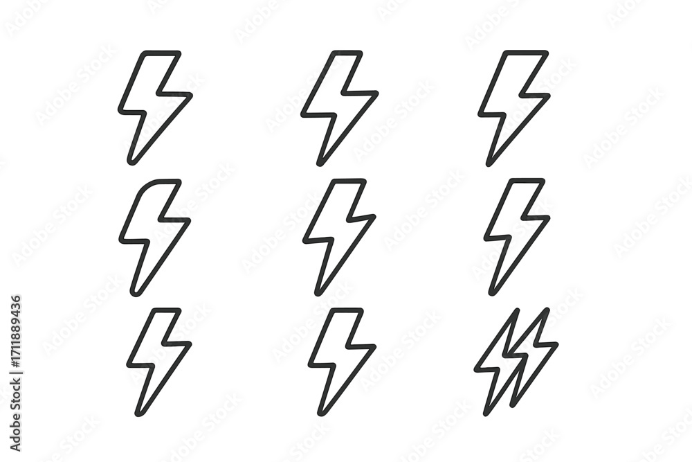 Poster minimalistic lightning bolt icon bundle with editable stroke, linear vector pictograms for app desig