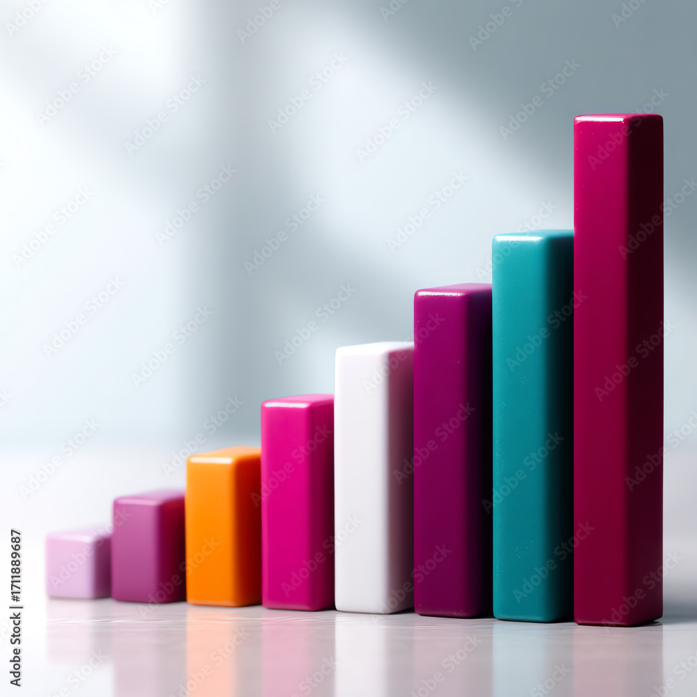 Poster colorful rectangular blocks arranged in ascending order on a reflective surface, symbolizing growth,