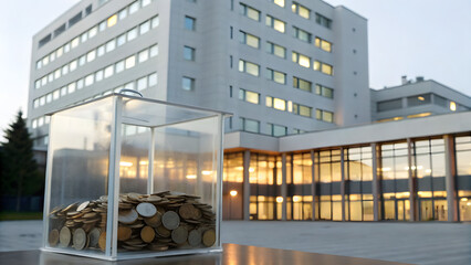 Healthcare Philanthropic Funding A transparent donation box filled with coins sits in front of a modern office building.