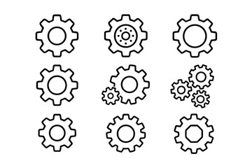 Gear line icon set. Cogwheel collection. Settings, mechanism, industrial process symbols. Teamwork, engineering, and technology concepts. Vector pictogram with editable stroke.