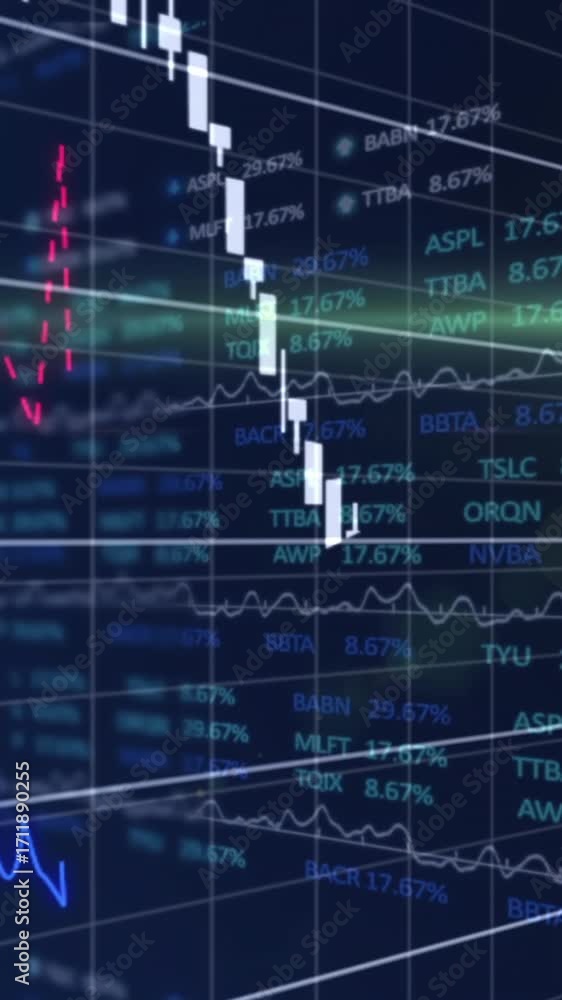 Poster animation of lens flares, multiple graphs and changing numbers over trading board