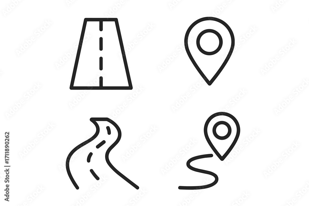 Fototapete road and map pin icon set. gps navigation and location marker symbols. vector outline icons for dest