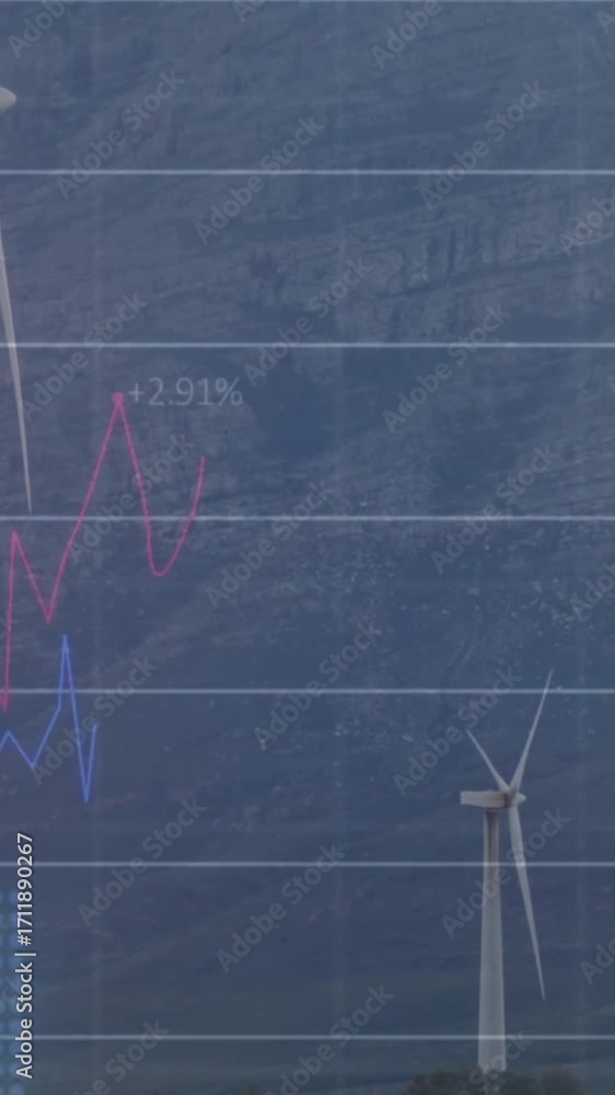 Aufkleber animation of statistical data processing over spinning windmill on grassland