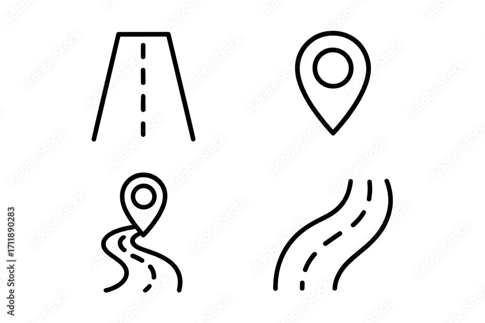 Poster road and map pin icon set. modern outline style vector for gps navigation, route, and location. mini