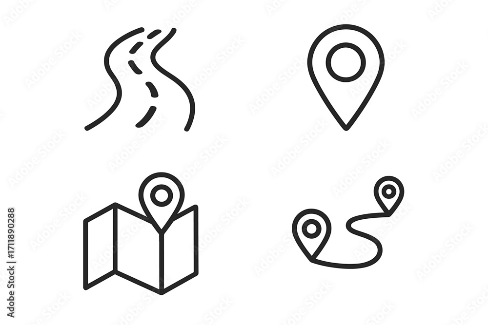 Poster navigation and location icon set with road, map pin, and route symbols. modern outline vector graphi