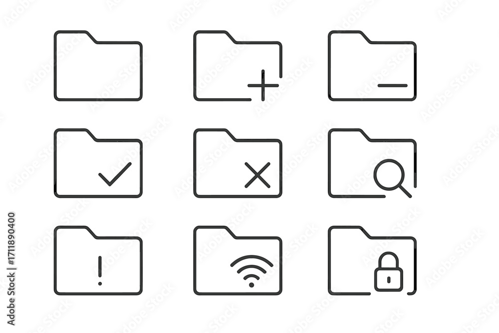 Poster folder icon set thin line vector. file document data management symbol collection. add, delete, sear