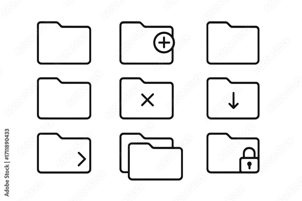 Fototapete set of computer folder line icons. file management symbols for ui design. add, delete, download, sec