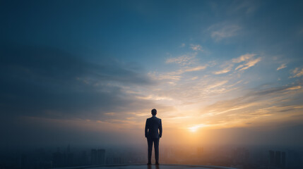 Fototapeta premium Businessman stands alone at sunset