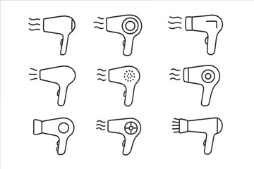 Obraz premium Hair dryer icon set. Simple linear pictograms of blow dryers for beauty and hair care. Minimalistic vector symbols for web, apps. Hairstyle and salon equipment collection.