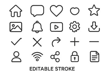 Web interface line icon set for app and website. Simple UI kit with editable stroke. Vector symbols: home, like, share, profile, notification, settings, download.