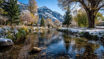 Snowy stream, autumn foliage, mountain view
