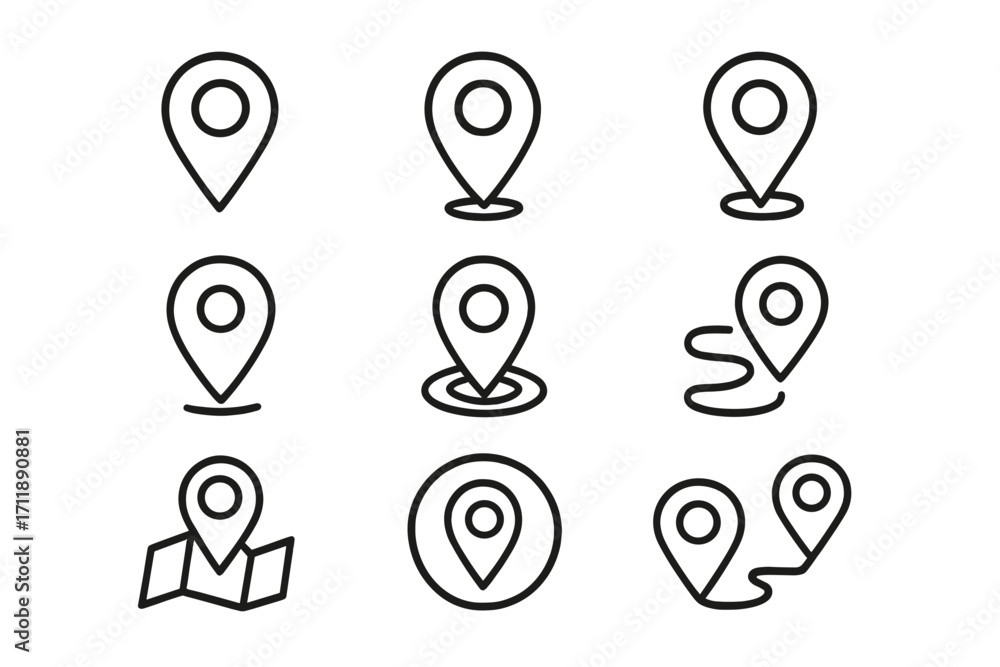 Aufkleber location pin line icon set. map pointer, navigation marker, gps symbol collection. destination, rout