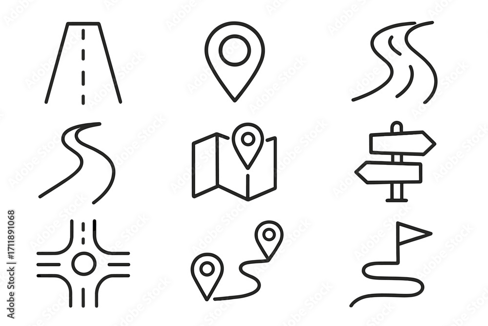 Poster road and path line icon set. navigation, map pin, and destination outline icons. vector symbols for 