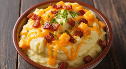 Creamy mashed potatoes topped with melted cheddar cheese, crispy bacon bits, and fresh chives.
