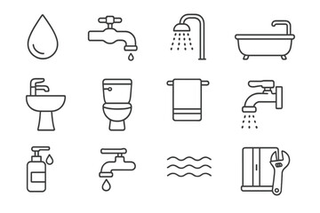 Water, bathroom, shower thin line icon set. Vector collection for plumbing, hygiene, sanitary ware. Faucet, sink, toilet, bathtub, soap, towel, repair symbols. Editable stroke.