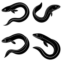 Obraz premium Four black eels in various curving poses against a white background in a vector style illustration