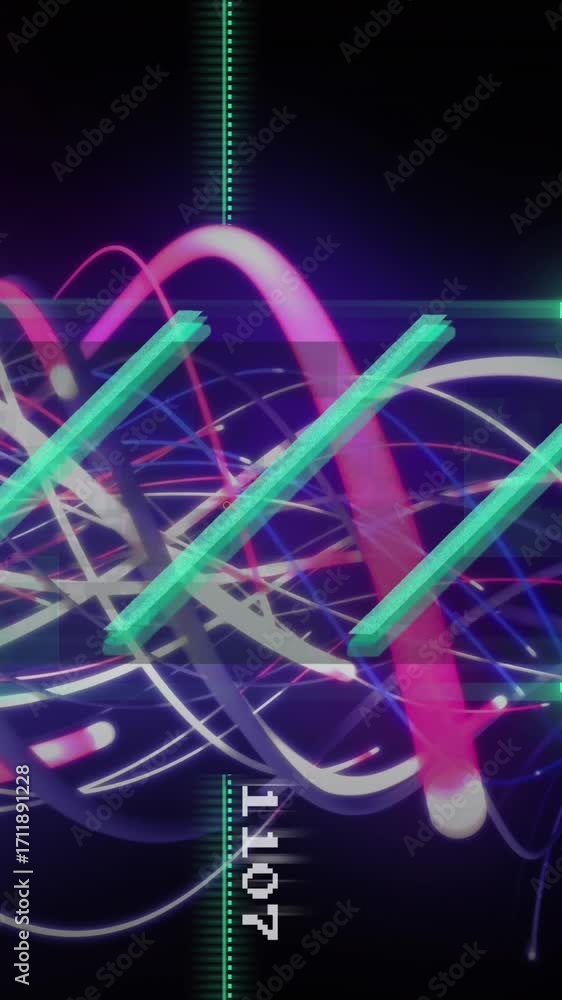 Poster animation of lines in viewfinder and changing numbers with spiral pattern over black background