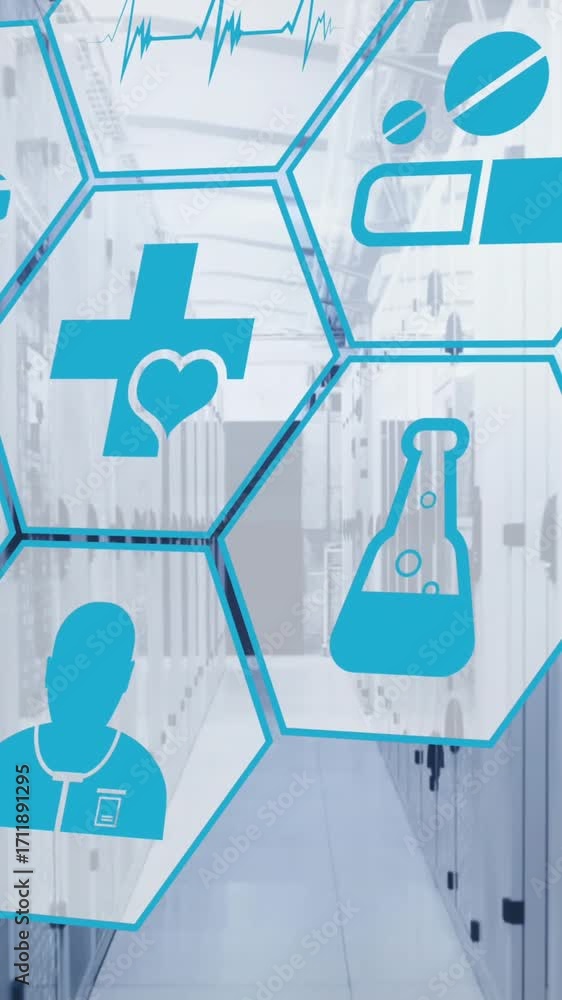 Poster animation of multiple medical icons against computer server room