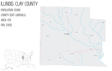 Large and detailed map of Clay County in Illinois, USA.