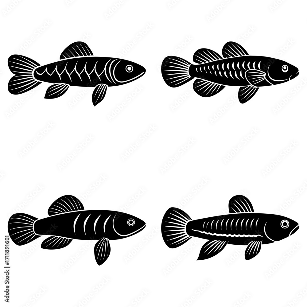 Poster four black silhouette fish illustrations arranged in a square format on a white background design el