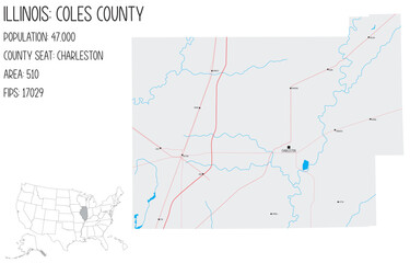 Large and detailed map of Coles County in Illinois, USA.