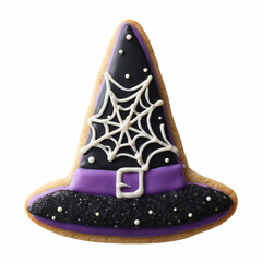 Halloween witch hat cookie with purple icing and white spider web decoration isolated on transparent background
