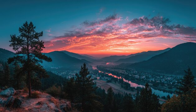 Panoramic mountain sunrise over valley