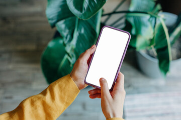 The hands of a young European woman, dressed in the sleeve of a vibrant yellow blazer, are holding a smartphone.
