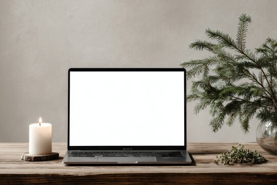 christmas laptop mockup with blank screen pine branch and candle cozy festive branding concept for business marketing seasonal design presentation