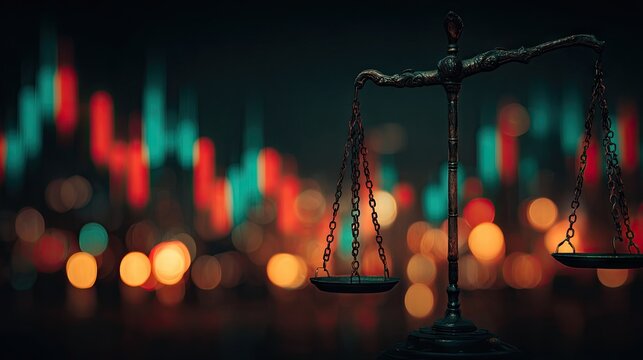 Justice scales over a blurred cityscape night market with stock market charts