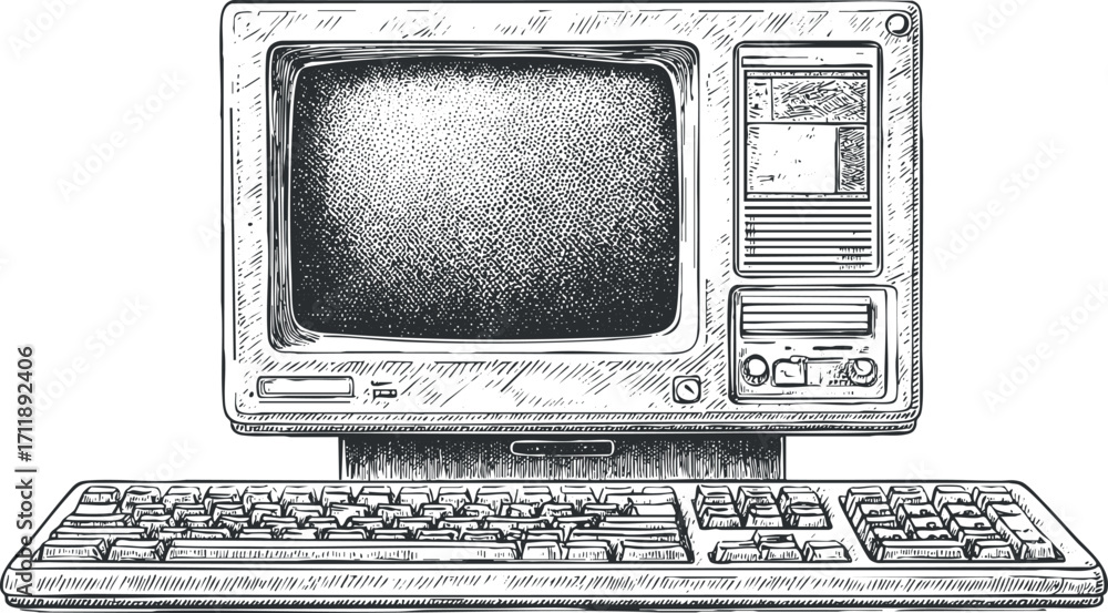 Poster vintage computer illustration featuring a monitor and keyboard in retro design style.