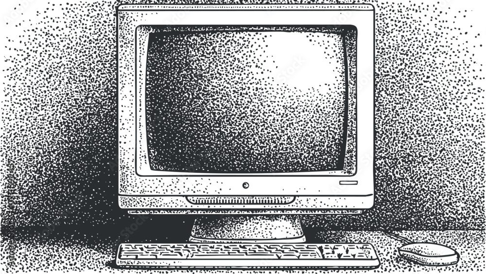 Aufkleber illustration of a retro computer monitor with keyboard and mouse on a workspace.
