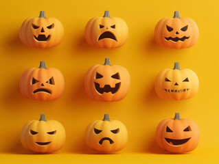 Series of Jack O Lanterns with different emotions isolated on yellow background. Halloween pumpkins