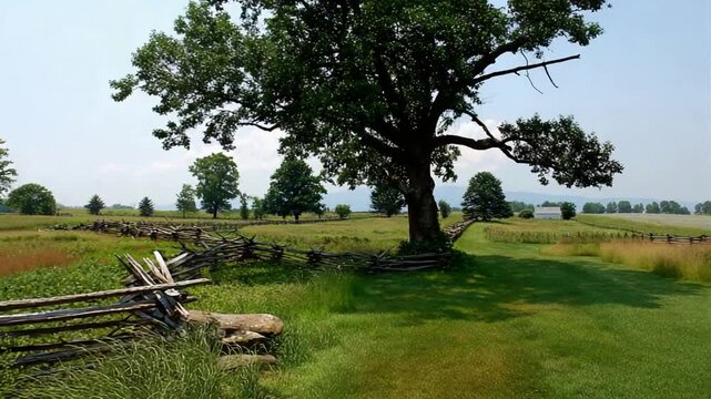 Historic Wooden Fence Meanders Through Lush Green Meadow Under Summer Sky.