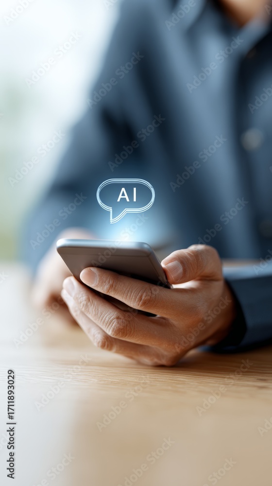 Poster businessman is holding a smartphone with an ai chatbot speech bubble, representing the integration o