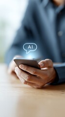 Businessman is holding a smartphone with an ai chatbot speech bubble, representing the integration of artificial intelligence in modern communication and business solutions