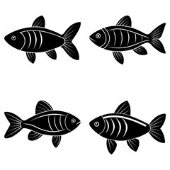Fototapeta premium Illustration of four black fish with detailed fins and gills swimming in different directions on white