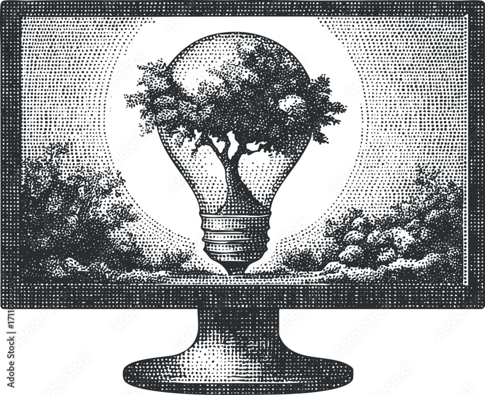 Poster a surreal illustration of a tree inside a lightbulb on a computer monitor symbolizing creativity and