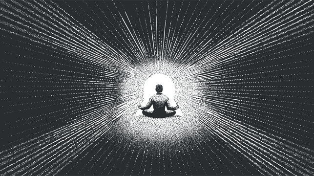 A meditative figure surrounded by radiating lines of energy representing inner peace and mindfulness. - Powered by Adobe