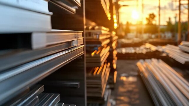 Stacks of steel beams and rails in a yard, glowing golden in the sunset.