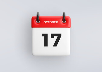 3D calendar icon with date 17 October on grey background. Vector schedule symbol.