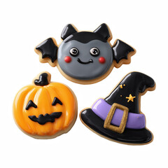 Fototapeta premium Three cute Halloween cookies with cartoon icing designs of bat pumpkin and witch hat isolated on transparent background