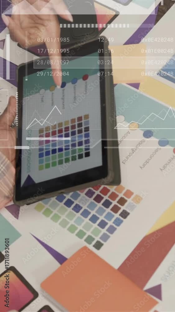 Poster animation of data processing over diverse business people using tablet in office