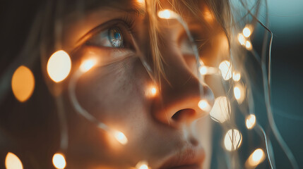 Portrait of a woman with long hair surrounded by twinkling lights, creating a warm and tranquil atmosphere. Orange and amber tones. Fujifilm Pro 400H