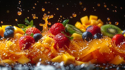 Vibrant fresh berries and mango pieces splash into sweet golden nectar, creating a mouthwatering culinary delight.