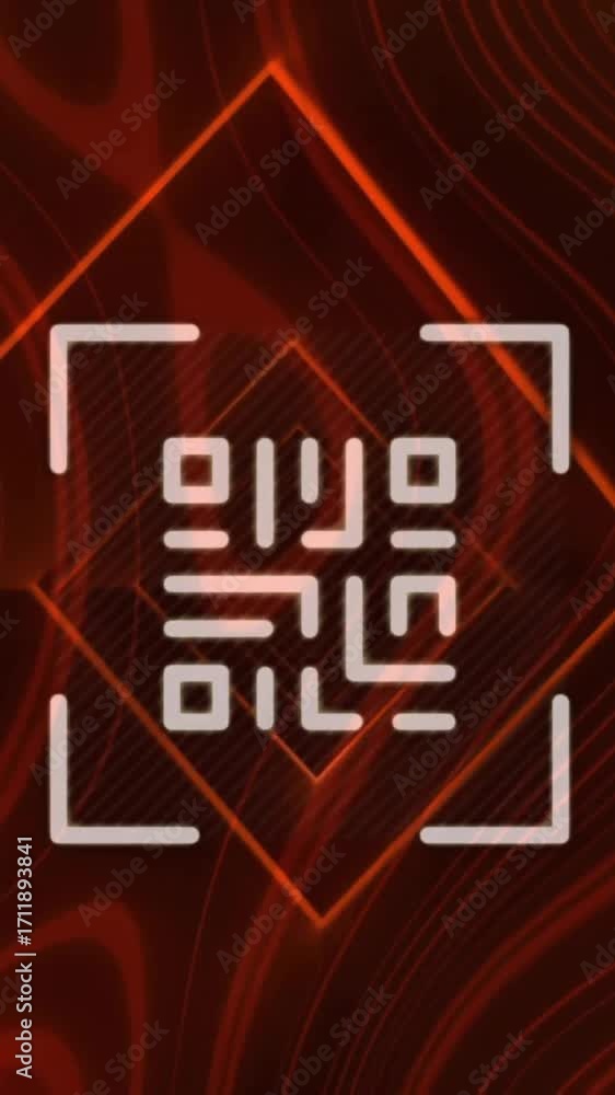 Poster animation of qr code with light trails over red shapes on black background