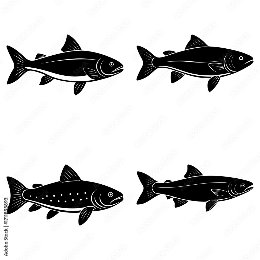 Poster four stylized black and white fish illustrations arranged in a rectangular format on white backgroun