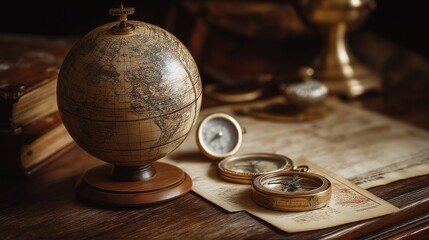 Antique globe on wooden desk with compass and map, historical travel adventure, Día de la Raza, Columbus Day, Indigenous Peoples’ Day concept