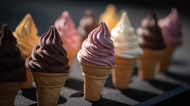 Assortment of colorful soft serve ice cream cones arranged in a row.