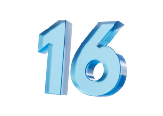 3d Glossy Blue number 16 or Sixteen with a gradient of blue shades. 3d illustration